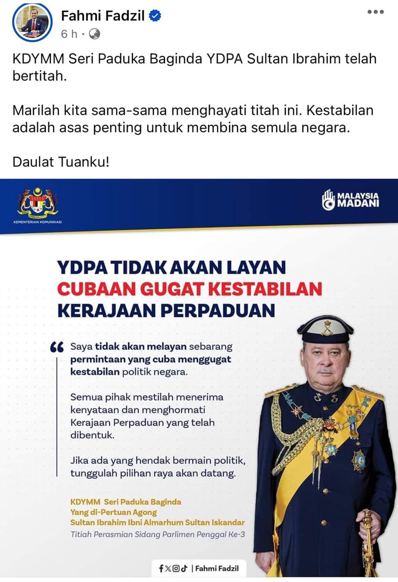 1. Memang sepatutnya semua pihak tidak 'bermain politik' di dalam pentadbiran Kerajaan Persekutuan, seperti titah Yang Di-Pertuan Agong Sultan Ibrahim, pagi tadi, di Parlimen. Baca lanjut di : bit.ly/49EvAdY