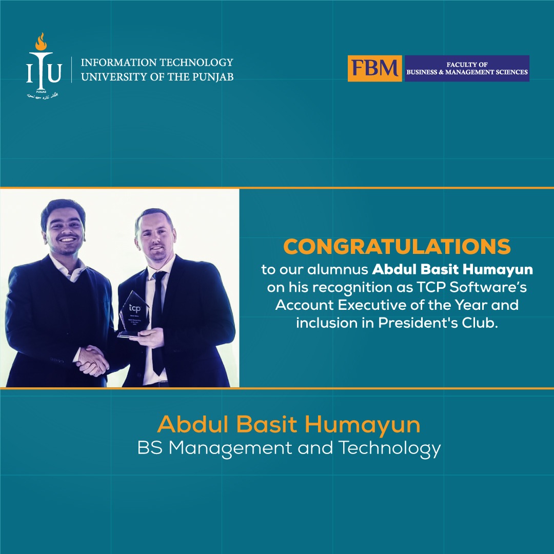 ITU alumni Abdul Basit has been awarded the prestigious title of TCP AE of the Year &amp; has been inducted into "President's Club" for his outstanding achievements in 2023. 
We are proud of his incredible achievements and wish him the best.
#ITU #Alumni #Graduates #success