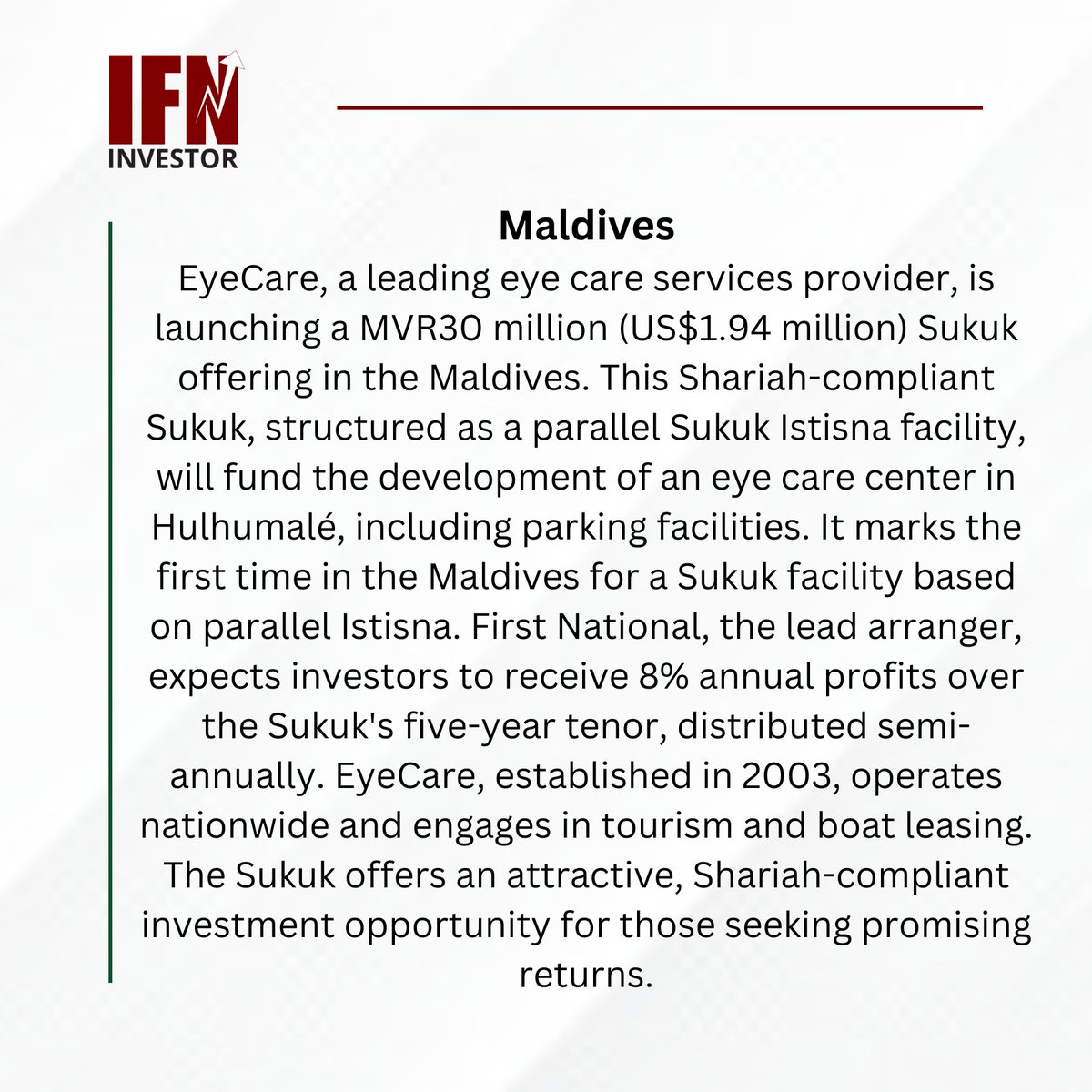 Latest News: @EyecareMaldives Launches MVR30 Million Sukuk Offering for Hulhumalé Project.

#IFNInvestor #REDmoney #IFN #IslamicFinance #Sukuk #MaldivesInvestment #ShariahCompliantFinance #EyeCare