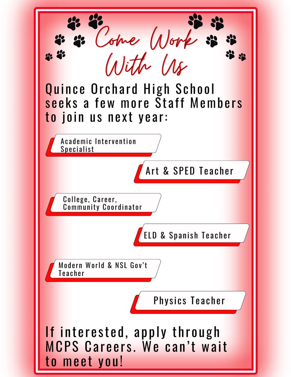 Quince Orchard HS 🐾❤️is looking for EXCELLENT teachers to help us cultivate an anti-biased/antiracist teaching &amp; learning community! 

If interested, check out our current vacancies 👇🏼, apply through MCPS careers, &amp; join us at the job fair 2/28 &amp; 2/29! 

Spread the word 🗣️