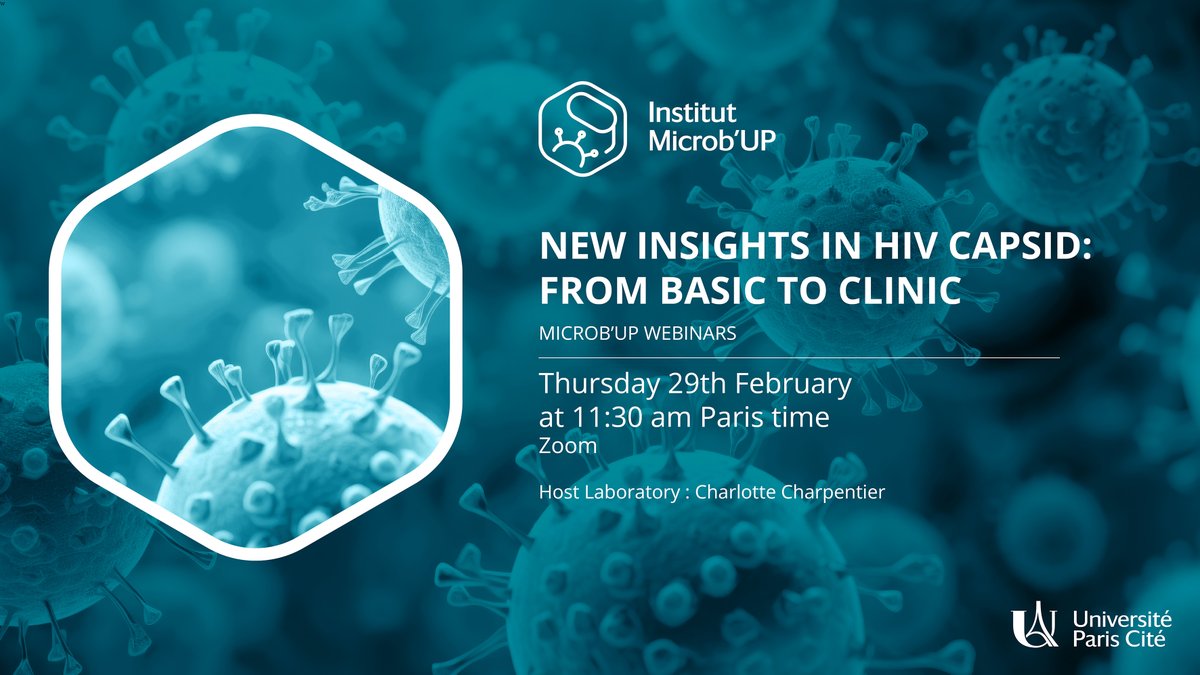 Microb'Up (@microbup) on Twitter photo The webinar New Insights in HIV Capsid: from Basic to Clinic, is this week !
Thu 29th February at 11:30
🔬Francesca Di Nunzio <a href="/di_nunzio_lab/">Advanced Molecular Virology Lab</a>
The Next Frontier: Breakthroughs in HIV Post-Nuclear 🔬Jade Ghosn
🔬Quentin Le Hingrat <a href="/QLeHingrat/">Quentin Le Hingrat</a>
Infos: microb-up.u-paris.fr/webinar/ The webinar New Insights in HIV Capsid: from Basic to Clinic, is this week !
Thu 29th February at 11:30
🔬Francesca Di Nunzio <a href="/di_nunzio_lab/">Advanced Molecular Virology Lab</a>
The Next Frontier: Breakthroughs in HIV Post-Nuclear 🔬Jade Ghosn
🔬Quentin Le Hingrat <a href="/QLeHingrat/">Quentin Le Hingrat</a>
Infos: microb-up.u-paris.fr/webinar/