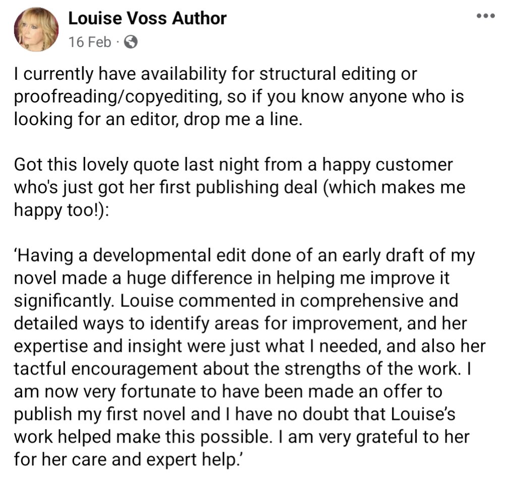 Anyone in need of editing/proofreading/copyediting services? I highly recommend @LouiseVoss1 if so.