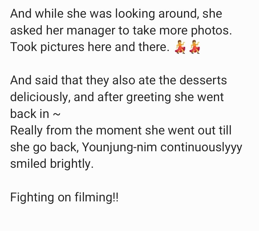 The dessert truck sent by Ryo posted their experience on the day they sent the truck on the set of #ResidentPlaybook. They keep on complementing #GoYounjung who was sooo happy seeing the truck support. 

Eng Trans of the post attached! A lot really do loves Younjung reactions.