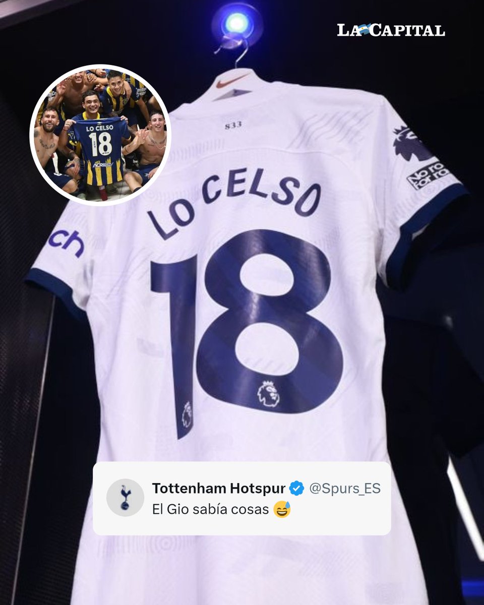 lacapital's tweet photo. 😅 La cuenta del Tottenham, equipo del canalla Gio Lo Celso, publicó la camiseta con el 18 del rosarino y se viralizó al instante.

Este domingo Central le ganó a Newell's en su cancha y le sacó 18 clásicos de ventaja en el historial general, la máxima diferencia en la historia. https://t.co/g7AUvEuZl4