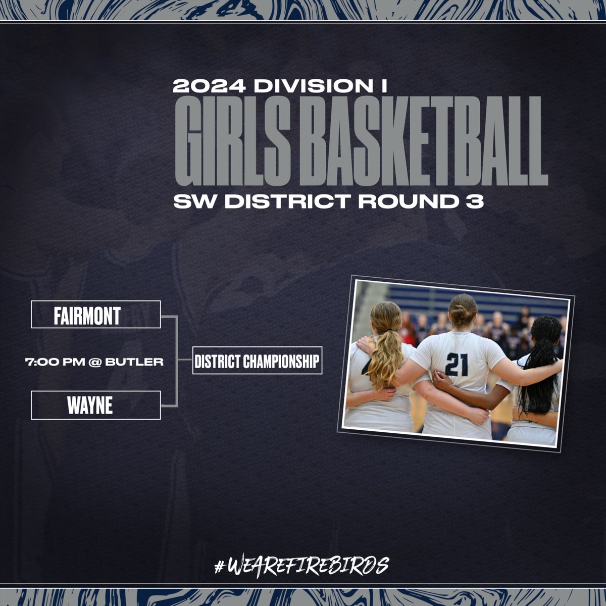 Game #24

🆚 Wayne
⏰ 7:00pm
🏫 Butler H.S.

#WeAreFirebirds 
#Team80
⛹️‍♀️🔥🐦