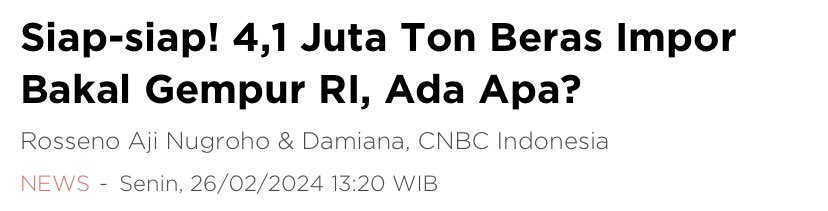 Pada nanya, apa hubungannya nyoblos Prabowo sama kelangkaan beras dan kenaikan harga beras. 😑
.
Stok beras Indonesia diabisin utk dijadiin bansos buat beli suara rakyat biar milih Prabowo! Endingnya, cadangan beras abis dan skrg impor 4.1jt ton beras! Paham!!