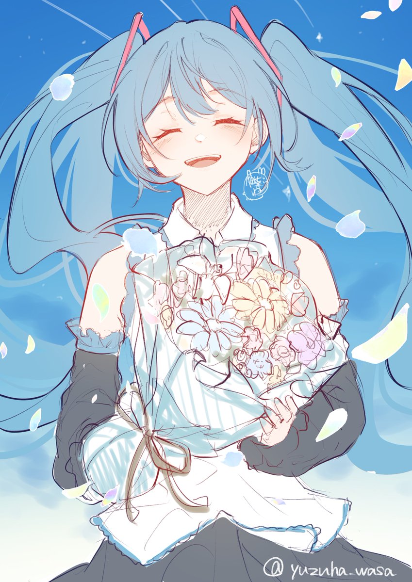 hatsune miku 1girl holding bouquet solo bouquet flower twintails facing viewer  illustration images