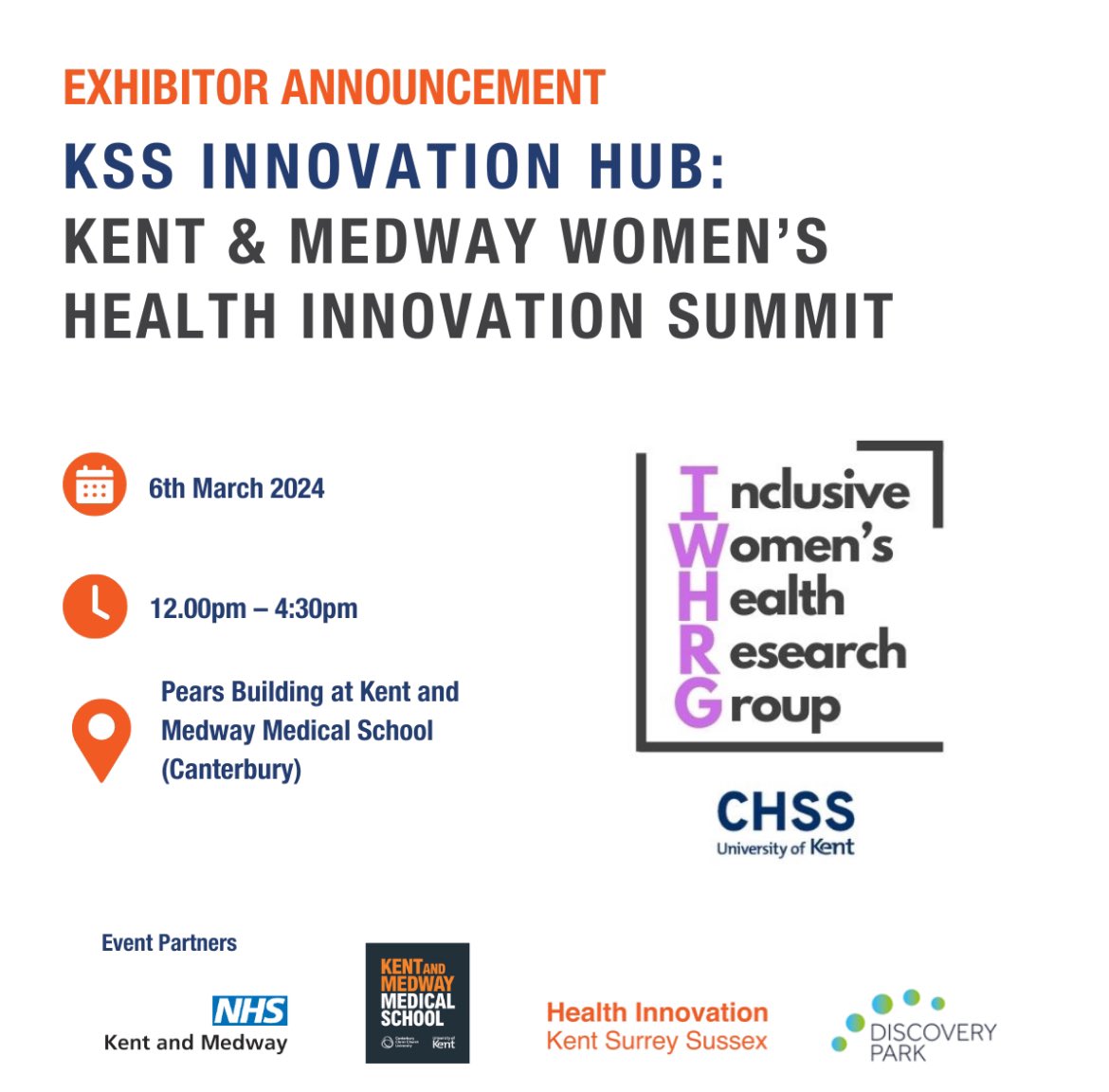 The new Inclusive Women’s Health Research Group founded by researchers in @CHSS will be exhibiting March 6th at KSS’s Kent & Medway Women’s Health Innovation Summit. Register to attend here: eventbrite.co.uk/e/kent-medway-… #KMWomensHealthSummit #UniversityofKent #WomensHealth