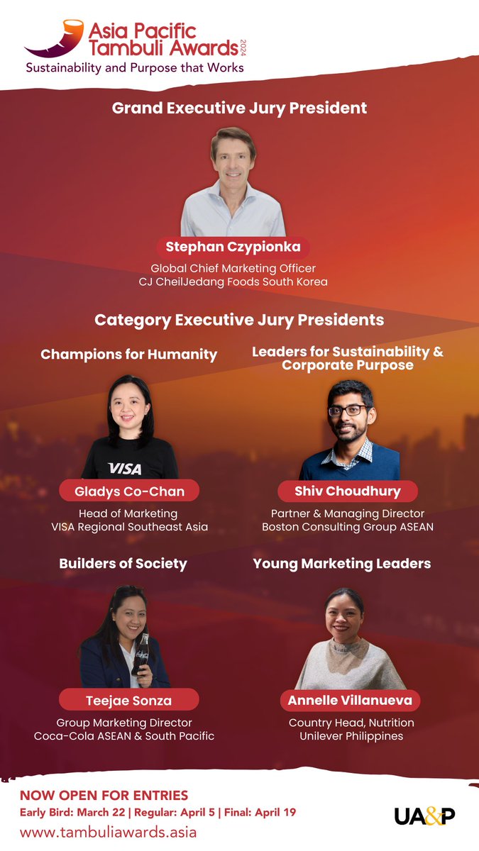 Meet the JURY PRESIDENTS - APAC TAMBULI AWARDS 2024. Tambuli recognizes effective marketing campaigns and sustainability programs of businesses and brands that drive performance through purpose. ENTER NOW. #apactambuliawards2024 #brandpurpose #corporatepurpose