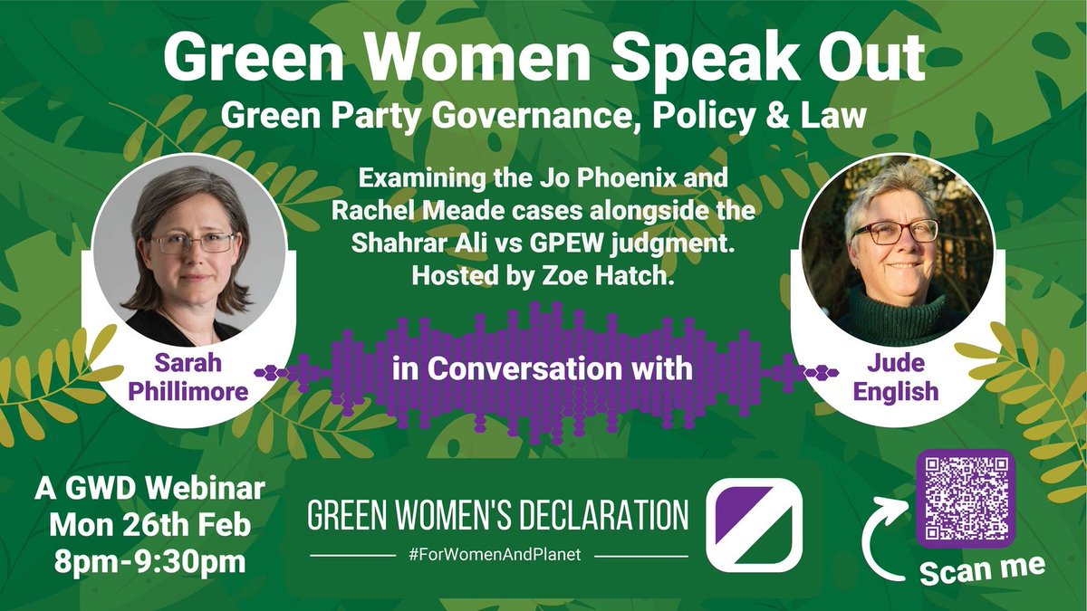 Tonight! 26 Feb 8:00-9:30 Sarah Phillimore, barrister and co-founder of the campaign group 'Fair Cop', will be talking to Jude English about the impact that Shahrar Ali vs GPEW and other Gender Critical cases may have on @TheGreenParty Non-members welcome. us06web.zoom.us/meeting/regist…