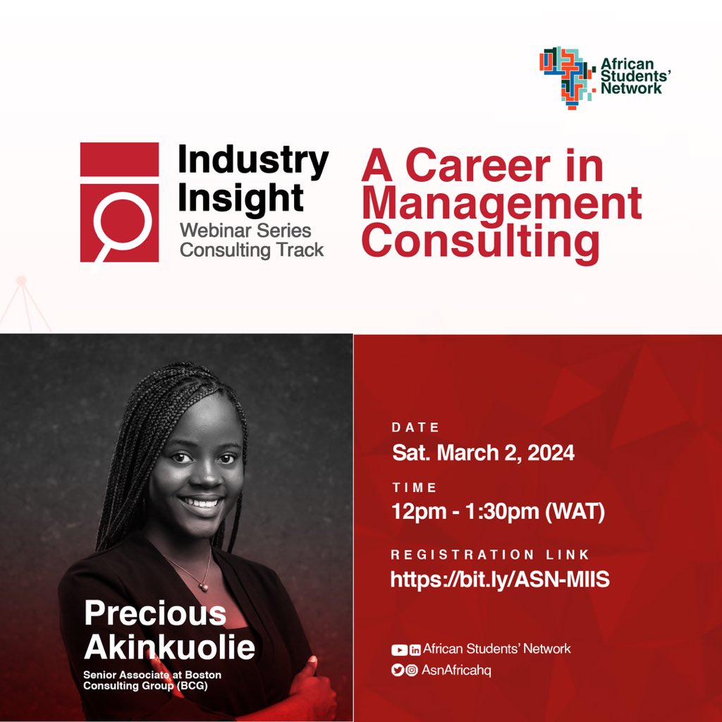 Chart your course to success in Management Consulting alongside Precious Akinkuolie! 

Don't just dream it, achieve it with expert insights tailored for African students. 

Secure your spot now: 
bit.ly/44wNc8B 

#AfricanStudents #CareerExcellence #IndustryInsights