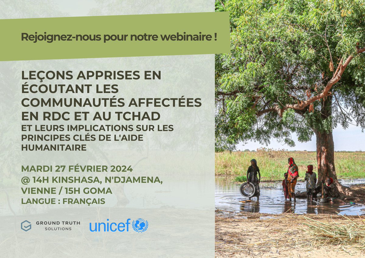 Ground Truth Solutions (@groundtruthsol) on Twitter photo Rejoignez-nous demain, Mardi 27 février,⏰14h Kinshasa, N'Djamena, Vienne/ 15h heure de Goma, afin de discuter des préoccupations et des priorités des communautés au Tchad et en RDC. 
Confirmez votre présence en vous inscrivant ici : 🔗lnkd.in/daKPh2tC Rejoignez-nous demain, Mardi 27 février,⏰14h Kinshasa, N'Djamena, Vienne/ 15h heure de Goma, afin de discuter des préoccupations et des priorités des communautés au Tchad et en RDC. 
Confirmez votre présence en vous inscrivant ici : 🔗lnkd.in/daKPh2tC