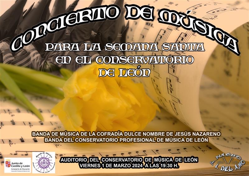 El próximo viernes 1 de marzo’24 tendrá lugar a las 19:30h un Concierto de Música para la Semana Santa con la Banda de Música de la Cofradía del Dulce Nombre de Jesús Nazareno <a href="/jhsleon/">Cofradía del Dulce Nombre de Jesús Nazareno</a> y de la Banda de nuestro <a href="/conserdeleon/">conservatoriodeleon</a> 
Invitaciones en la conserjería del centro.