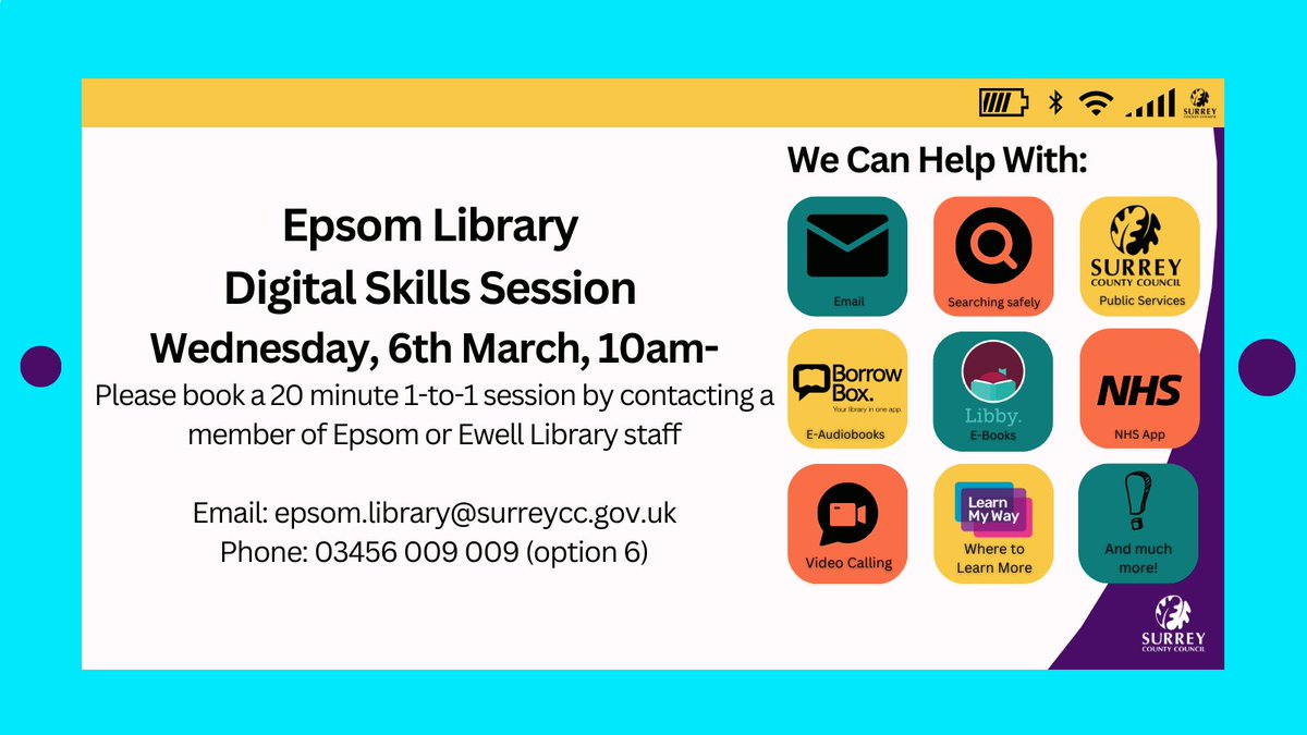 The #DigitalSkillsSurrey team will be at Epsom Library on Wednesday 6th March, 10-. Please book your 20 minute 1-to-1 session: 📧 epsom.library@surreycc.gov.uk, ☎️03456 009 009 (opt. 6) or speak to a member of staff More info ☞ tinyurl.com/DigitalSkillsS…