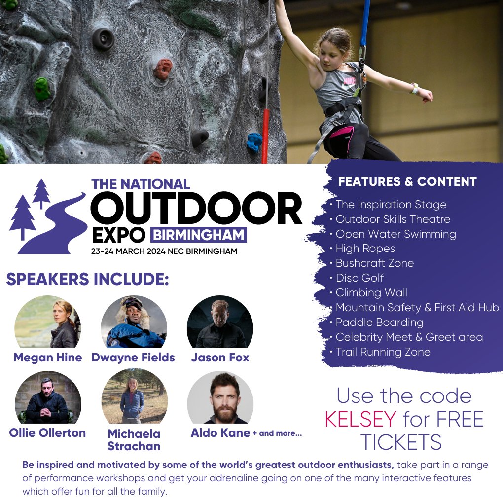🏔 There’s something for everyone @natoutdoorexpo. Be inspired by some of the world’s greatest outdoor enthusiasts or take part in a range of workshops & interactive features. ⏳ For a limited time you can get FREE tickets when using the code KELSEY: nationaloutdoorexpo.seetickets.com/event/the-nati…