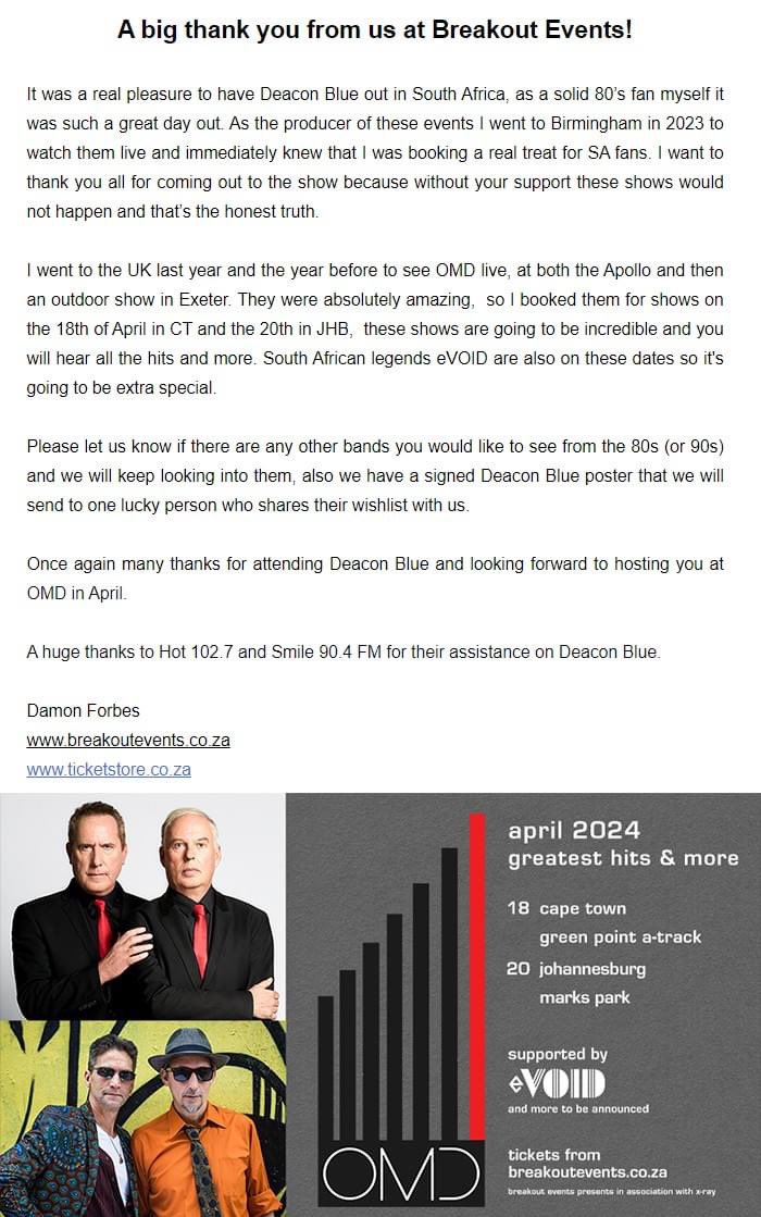 Nice @abreakoutevent - <a href="/OfficialOMD/">Orchestral Manoeuvres in the Dark</a> and <a href="/eVoidMusic/">eVOID Official</a>  next  <a href="/DarrynLee/">MisterRazzleDazzle Ⓜ️</a> <a href="/melissaconradie/">Melissa Conradie</a>