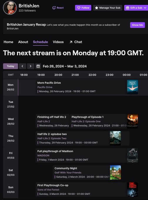 This week's Twitch schedule!!  More Pacific Drive today. Finishing off the half life series on Wednesday<a href="/tag/gaming"class="tags"><span>#gaming</span></a><a href="/tag/twitch"class="tags"><span>#twitch</span></a><a href="/tag/livestreaming"class="tags"><span>#livestreaming</span></a>
