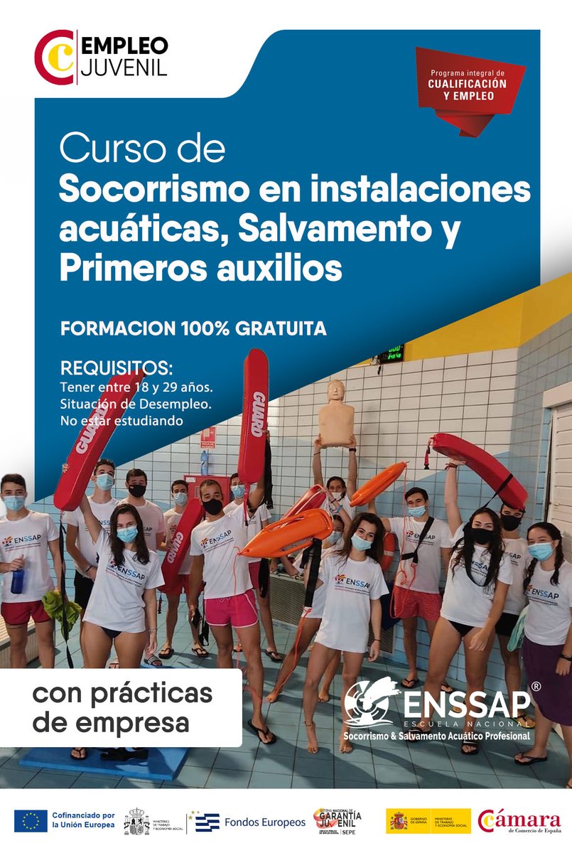 camaraofcordoba's tweet image. 🏊‍♂️Curso #PICE GRATUITO de #Socorrismo en instalaciones acuáticas, Salvamento y Primeros auxilios con la colaboración de #ENSSAP
📆Comienza el 21 marzo
 📍Presencial 
👌 Con prácticas de empresa
✍acortar.link/5sr7LA
#EuropaSeSiente
@FondosUE_Esp @ProgramaPICE