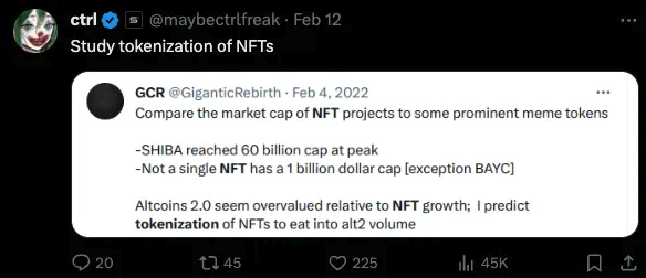 tengyanAI's tweet photo. NFT Fractionalization Has Failed

People have been enamored with NFT fractionalization for years. It's not a new thing.

The idea is simple: One CryptoPunk NFT is worth $150,000 today. Very few people can afford to buy a single Punk.

What if you could acquire a 1/00th of that same Punk for just $1,500? Suddenly, the opportunity becomes far more accessible. And if the value of the Punk triples during the next NFT bull market, that $1,500 investment could balloon to $4,500+.

BUT, previous attempts at fractionalization have always struggled to gain traction:

➡️ NFTX tried to do this with fractional vaults for years (deposit Punk NFTs and get PUNK fungible tokens) but has no significant adoption even today.

➡️ Flooring Lab launched a couple of months ago with a similar idea: deposit an Azuki NFT and get 1,000,000 uAzuki tokens that can be traded like meme coins. It’s doing alright, partly because it’s using a new token FLC to incentivize liquidity and bootstrap the protocol.

In my humble opinion, despite the best of intentions, these types of protocols will continue to struggle.

To even start using these fractionalization protocols, a user needs to approve multiple transactions. Every transaction incurs fees. This adds up quickly, in terms of money spent and the mental effort required to grasp each step. There's a constant concern that mistakes could lead to the loss of valuable NFTs. NFT perpetuals (@nftperp or Tribe3) are probably a more efficient way for most people to capture the upside from NFTs.

HOWEVER: By making every NFT fractional by default yet seamlessly combinable as a whole, 404 tokens (conceptualized and launched by @Pandora_ERC404) address the UX issues associated with fractionalization.

Yes, it’s the old adage in tech: Fewer steps = More conversions.

I considered two complementary angles for the potential use cases of 404:

1⃣ Can NFTs benefit from greater fungibility?
2️⃣Can fungible tokens benefit from being NFTs?

1. Can NFTs benefit from more fungibility?
Liquidity reigns supreme in crypto.

Fractionalization can greatly enhance liquidity, by allowing investors to buy and sell affordable fractions of an NFT and expanding the market of potential participants.

Fractionalization makes price discovery happen more quickly. In 2023, the sluggish downward trend experienced by many NFTs stemmed from their inherent illiquidity, prolonging the time needed for fundamentals to align with prices.

To illustrate how fungibility increases liquidity: just look at what happened with PANDORA. 99% of the trading volume was done via the fungible token rather than the NFT.

@maybectrlfreak believes that by making NFTs fungible, the valuation of NFT collections (~$1B at the top tier) can get closer to that of the top memecoins ($60B+), because of increased capital flows.

This creates some potentially interesting use cases for 404 tokens in the future:

High value Art and Collectibles: Typically these are highly scarce and valuable. Tessera tried to do this with its fractional platform but had to shut down last year due to limited adoption. One hurdle here is effectively reconstituting NFTs after fractionalization for resale—a process often mired in complex DAO governance. 404 tokens mitigate this issue.

@palettebycfw is one example: a collection that introduces native fractionalization to generative art using 404, with a “re-roll” feature for artworks in its collection. It makes collecting art more interesting with a new layer of interactivity.

Real Estate: Real estate is being tokenized on the blockchain, riding on the RWA trend. Various startups have explored different approaches, from using NFTs to directly represent properties (@Roofstock ) to leveraging fungible tokens for ICO-like fundraising to acquire properties (@citadao_io). 404 has the potential to amalgamate these approaches.

Hyperfinancialisation & Gambling: The native "re-roll" aspect of 404 creates dopamine hits and can be used to hyper-financialise ANY asset by introducing lootbox-type mechanics. Good.. or bad? Already seeing experiments, like @aevoxyz using this for its airdrop farming campaign

2. Can fungible tokens benefit from being NFTs?
While much of the 404 spotlight has been around the greater fungibility of NFTs, there's another side to the coin: Fungible tokens can also benefit from transitioning into NFTs.

Various types of fungible tokens can receive a significant upgrade with 404:

Governance tokens grant holders voting rights in DAOs. By enabling these tokens to also become NFTs with varying reputation states (in the metadata) based on holders' contributions, a new dimension of governance can emerge. Imagine a governance NFT that confers different levels of access to exclusive features based on the holder's historical engagement within the community. This incentivizes active involvement and fosters a more meritocratic governance model.

Utility tokens can incorporate unique traits to offer personalized experiences to users. For instance, a gaming platform’s token could be tied to an NFT with distinct in-game assets or abilities based on traits and rarities.

Memecoins (think WIF, DOGE, PEPE) can use NFT mechanisms to better engage and grow their communities. By introducing rarity traits and loot box mechanics, they can gamify user interactions. The 2021 NFT bull cycle showed how much we love “altcoins with pictures”. The fusion of memes and NFTs not only amplifies the fun factor but also cultivates a stronger sense of belonging.

Overall, it's still early days for 404. The "re-roll" aspect can be a nuisance for building out some of these use cases. Being able to persist NFTs and their metadata in some way after transfers/sales could come later in an improved version.

But... very interesting.