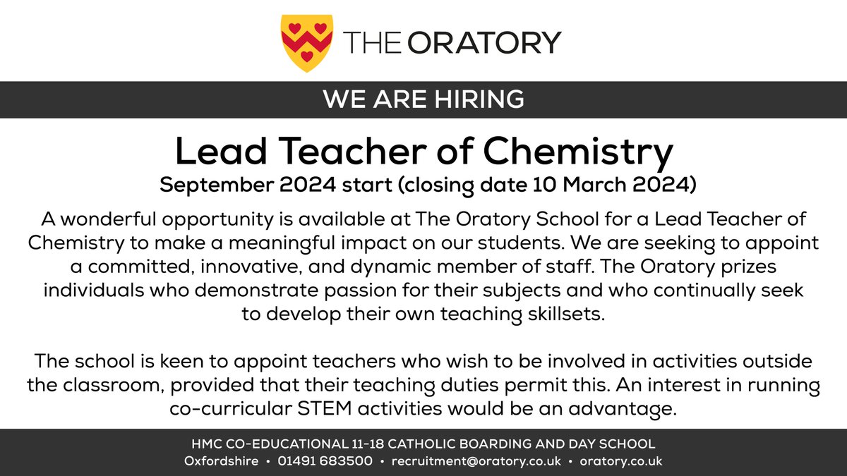 The Oratory School is looking to recruit a Lead Teacher of Chemistry. Find out more: bit.ly/OSEmployment #OratoryJobs #OratoryRecruitment #JobVacancy #TeachingJobs @HMCTeachingJobs @CISCSchools