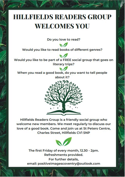 Coventry Libraries and Information Service 📚 (@covlibraries) on Twitter photo Looking for something new to do and enjoy reading and talking about books? Why not join Hillfields Readers Group. See the poster attached for further details
<a href="/positive_images/">Positive Images Festival</a> @CultureRooms <a href="/coventrycc/">Coventry City Council</a> <a href="/HillfieldsTrust/">Hillfields Community</a> Looking for something new to do and enjoy reading and talking about books? Why not join Hillfields Readers Group. See the poster attached for further details
<a href="/positive_images/">Positive Images Festival</a> @CultureRooms <a href="/coventrycc/">Coventry City Council</a> <a href="/HillfieldsTrust/">Hillfields Community</a>
