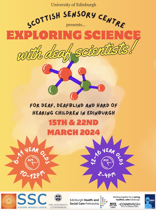 Exploring Science with Deaf Scientists: Science workshops for Deaf, Deafblind and HoH children based in Edinburgh, Friday 15th &amp; 22nd March, 10-12pm/2-4pm. 
Join us for an unforgettable science experience in a science laboratory for different age groups.
ssc.education.ed.ac.uk/courses/deaf/d…