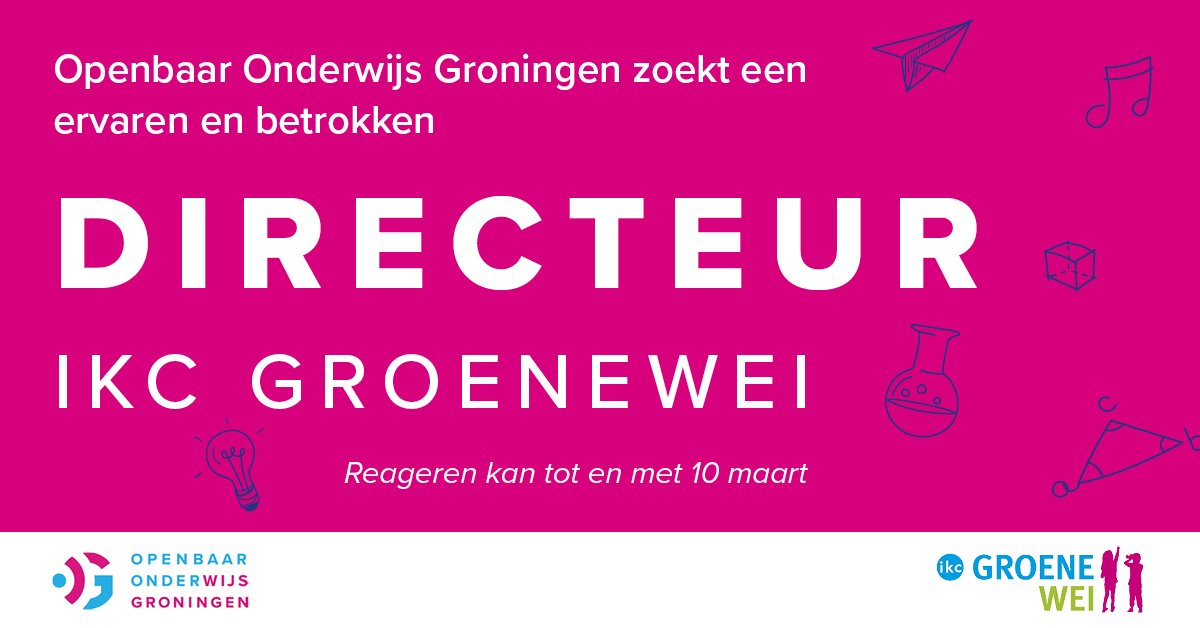 Heb jij deze mooie vacature al gezien?
Wij zoeken een directeur voor de IKC Groenewei! 🔎

Ben jij benieuwd? Neem dan snel een kijkje op ons vacatureoverzicht: 👇

openbaaronderwijsgroningen.nl/contentfiles/o…

#vacature #directeur #ikc #onderwijs #samensterkinleren