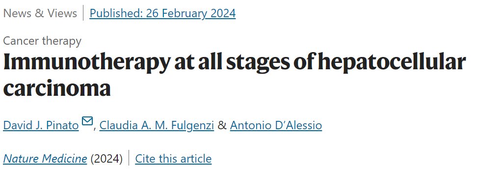 Honoured to share our News&Views published on @NatureMedicine today 🗞️ our thoughts on adjuvant sintilimab and rego+nivo (RENOBATE trial) 🩺 ICIs in HCC are getting 'here, there, and everywhere'🌍 @DJPinato @FulgenziClaudia nature.com/articles/s4159…