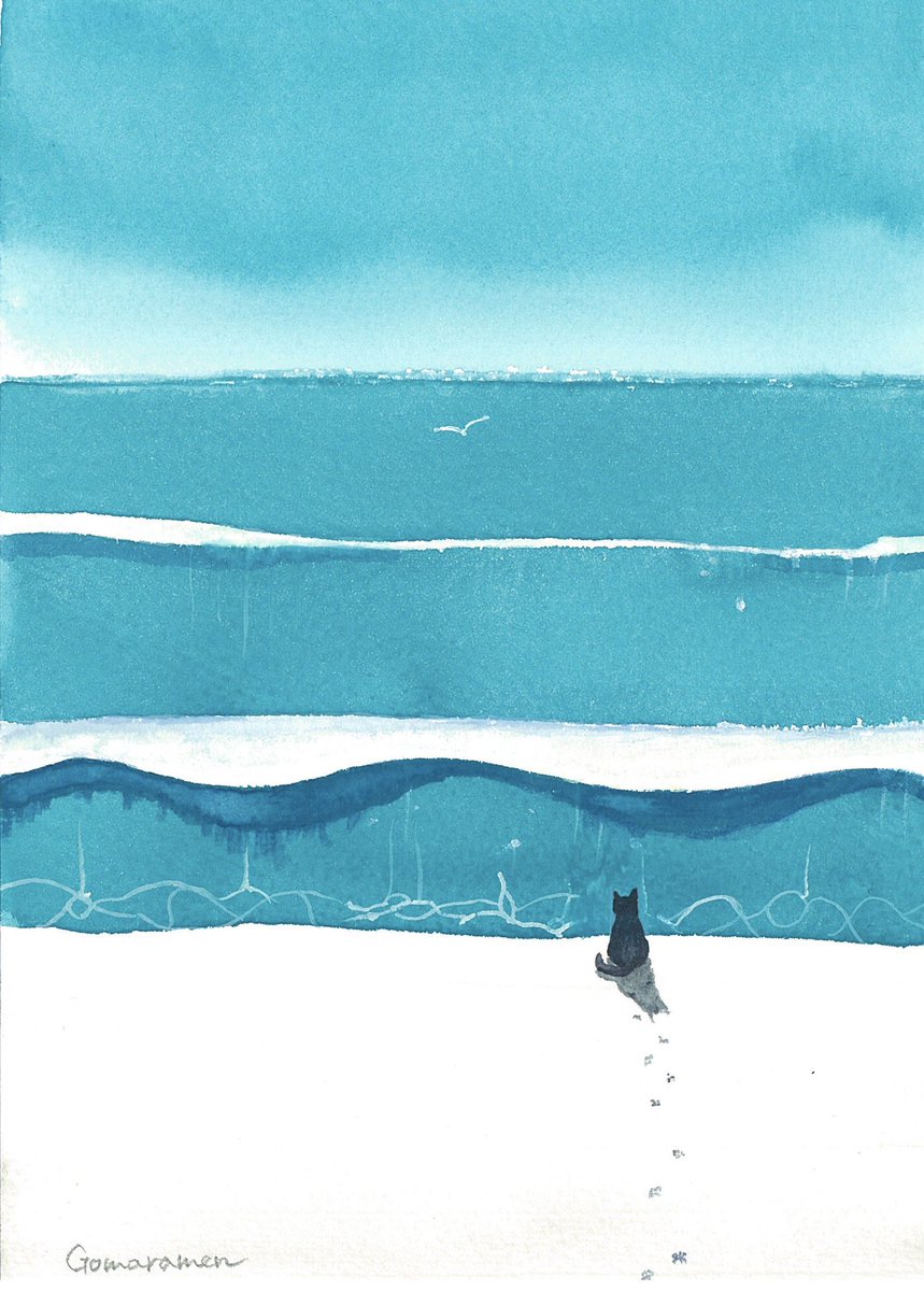outdoors ocean waves solo from behind cat water  illustration images