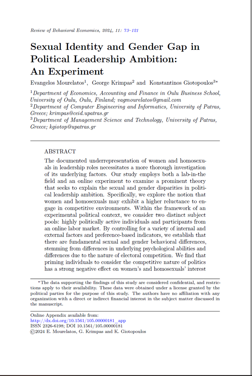 Finally, our paper titled "Sexual Identity and Gender Gap in Leadership: A Political Intention Experiment' has been published in the Review of Behavioral Economics (ABS **).
Link: lnkd.in/dB5idYtE
#experimental #behavioraleconomics #EconTwitter