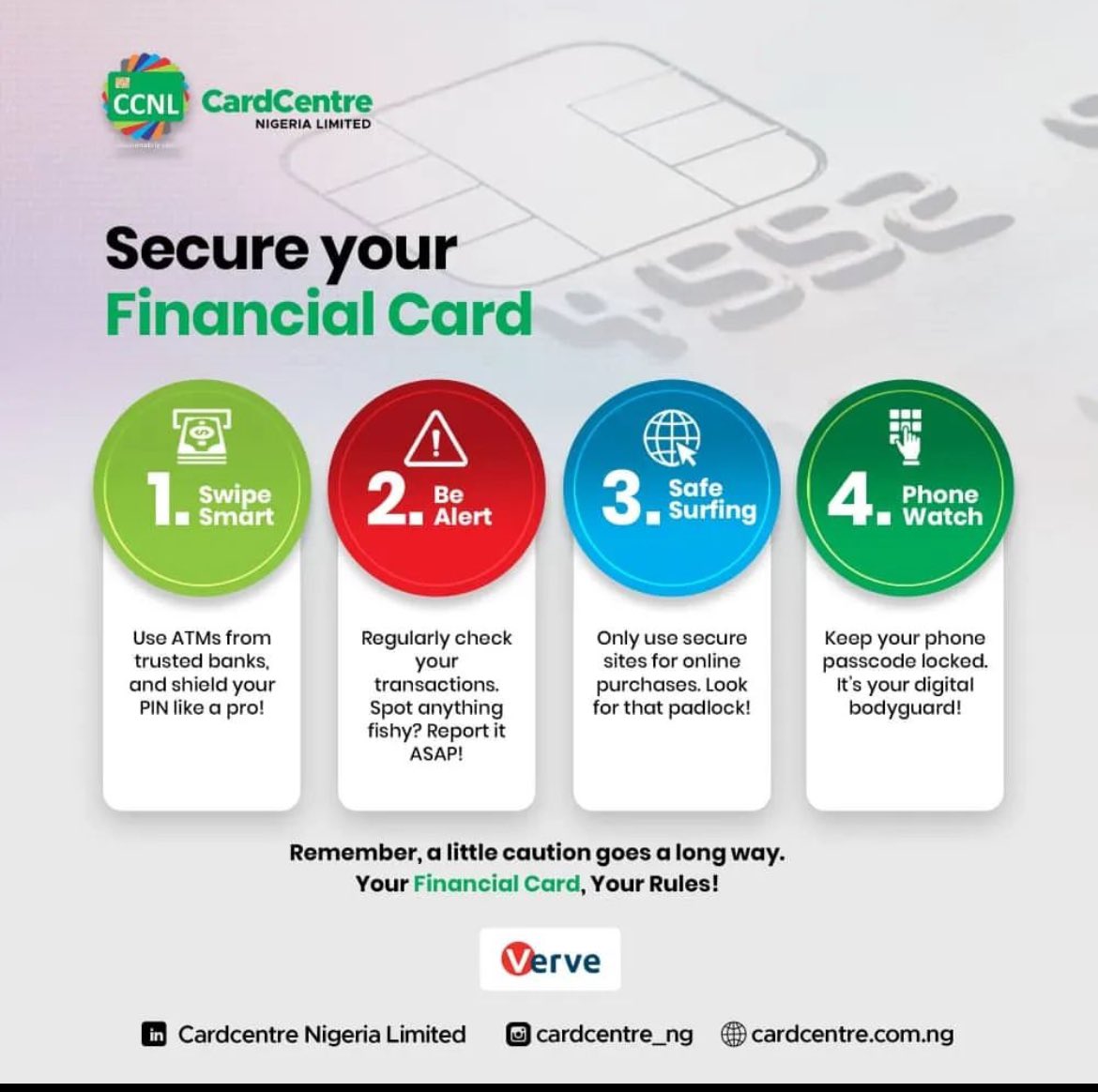 ChamsHoldCo's tweet image. No need to worry about how to secure your financial card! We got you @cardcentre_ng . Here are some tips to secure your financial card.

#cardsecurity #financialcards