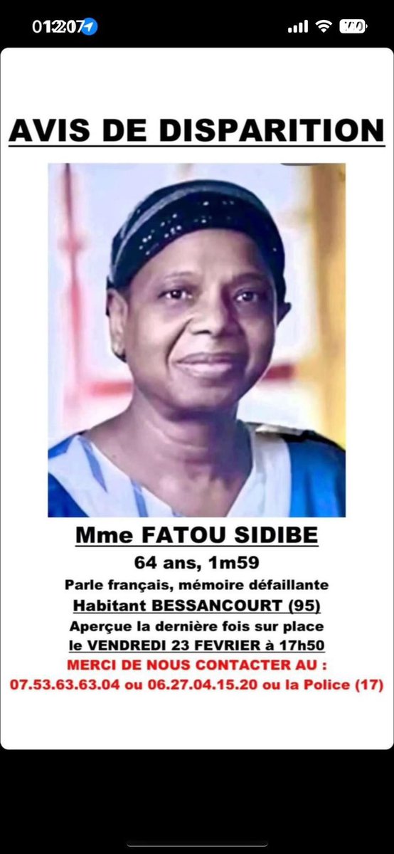 Mokobe113's tweet photo. Un partage (rt)  c’est gratuit Madame Fatou Sidibé a disparue depuis le vendredi 23 Février un partage svp c’est gratuit et ça peut aider à avoir des renseignements pour la retrouver si Dieu le veut 🙏🏾 merci vous avez toutes les infos https://t.co/nmJP43dmAb
