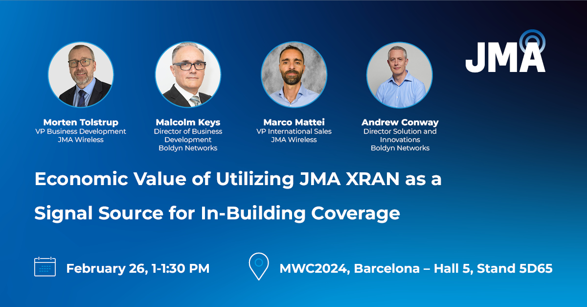 Going live now: Economic Value of Utilizing JMA XRAN as a Signal Source for In-Building Cellular Coverage If you’re at #MWC24 #Barcelona, stop by Hall 5, Stand 5D65, to hear from industry experts. #jmawireless #GSMA #Innovation #redefiningwireless #Boldyn