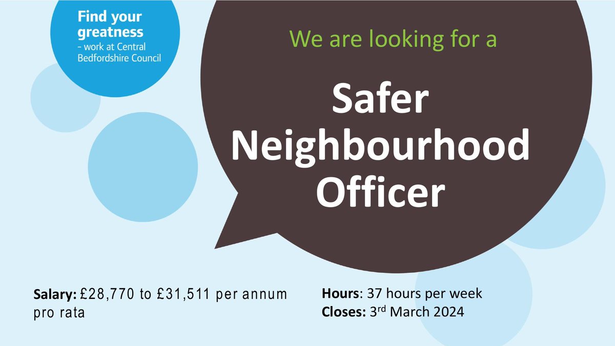 Come and work with us as a @letstalkcentral Safer Neighbourhood Officer
jobs.centralbedfordshire.gov.uk/job/Across-Cen…