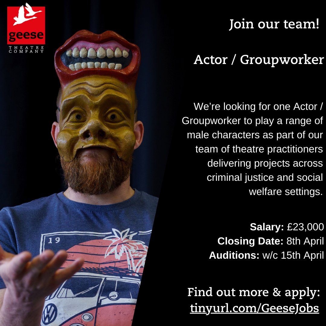 📢 JOIN OUR TEAM 📢 We’re looking for one Actor/Groupworker to play a range of male characters as part of our team of theatre practitioners delivering projects across criminal justice and social welfare settings 🎭 👉 Find out more and apply: tinyurl.com/GeeseJobs 👈 #jobs