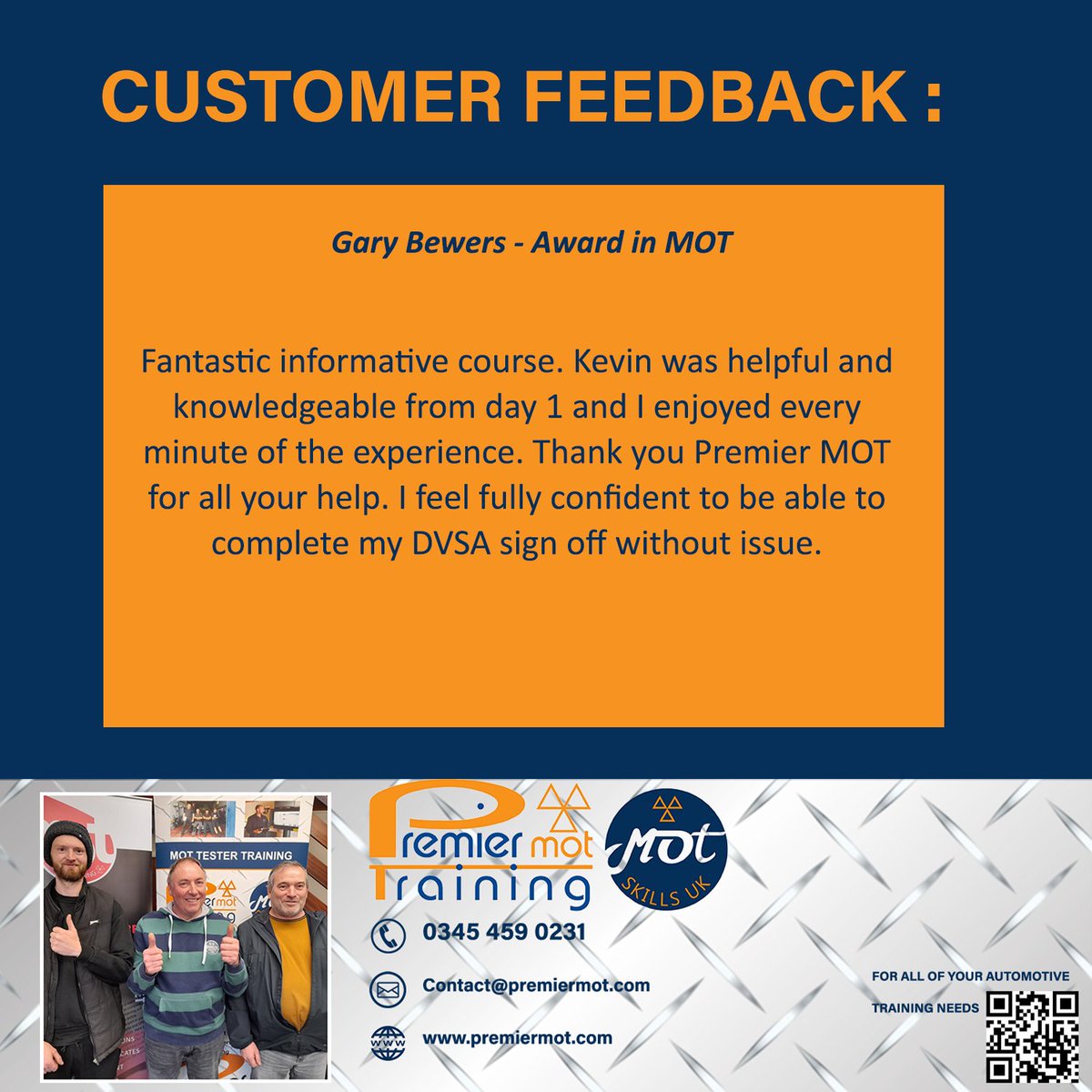 premiermot's tweet photo. Thank you, Gary, for your kind feedback! We ask for all our candidates' feedback to ensure our courses run at the highest standard.  
If you would like to inquire about our courses, call us today!! 🌞

#premiermot  #mot #vtaa #practical #cars #bikes #garage #mechanic https://t.co/t9N2SzknXC