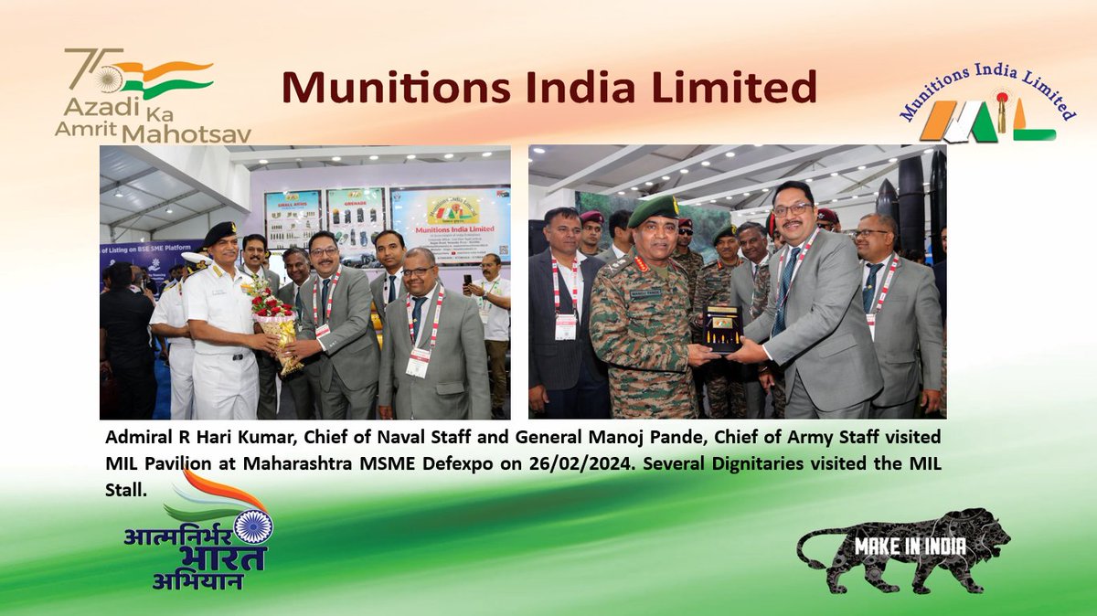 Admiral R Hari Kumar, Chief of Naval Staff and General Manoj Pande, Chief of Army Staff visited MIL pavilion at Maharashtra MSME Defexpo