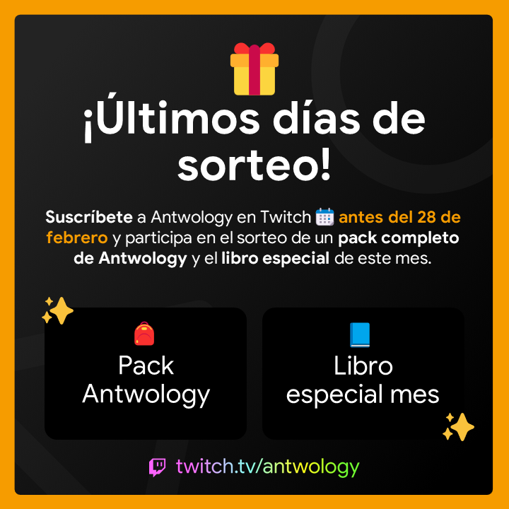 ¿Sabías que puedes suscribirte a nuestro canal de #Twitch y participar en el sorteo mensual? 🎁

⭐Si te suscribes a #Antwology en el mes de febrero, entrarás en el sorteo de un pack del programa + un libro especial del mes.

Puedes suscribirte aunque no estemos en directo 😉