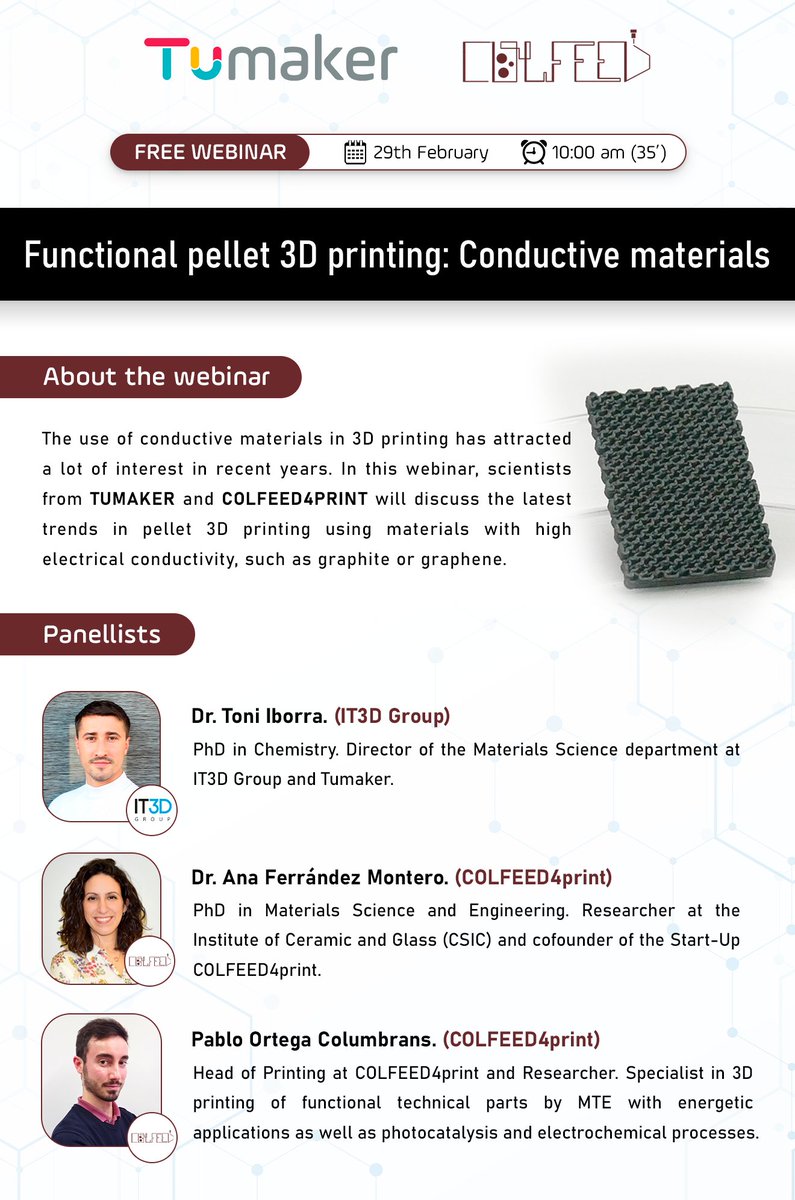 🔴 WEBINAR GRATUITO | Impresión 3D con pellets: Materiales conductores.

La ponencia se llevará a cabo en inglés y será conducida por científicos especializados de <a href="/Tumaker3D/">Tumaker</a> y <a href="/colfeed4print/">COLFEED4Print</a>.

📅 jueves 29 de febrero
⏰ 10:00 CET

Regístrate gratis en: formacion.it3d.com/webinar/Functi…