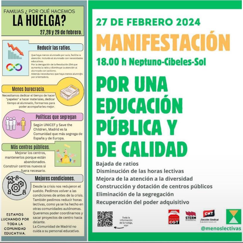 Siempre a favor de una educación pública de calidad. Siempre a favor de mejorar las condiciones de trabajo de nuestros maestros/as 🧑‍🎓👩‍🎓. Siempre a favor de más centros públicos, de menores ratios, de menos horas lectivas.

¡Siempre a favor de lo público!