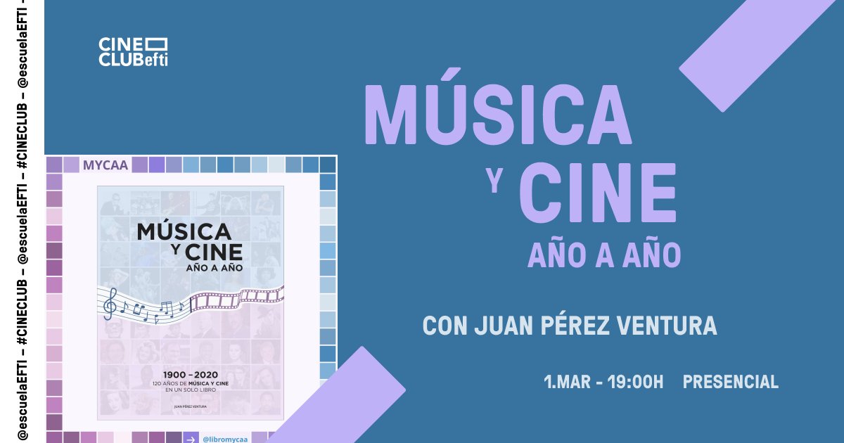 🎬¡Te invitamos a una #actividadgratuita de las que te transportan, te enriquecen y hacen soñar!

📍 Este viernes a las 19.00h en Sala B Young #EFTI

Vente al #CineClubEFTI con Juan Pérez Ventura

📖Y adéntrate en su libro 'Música y cine, año a año'
▶️efti.es/agenda/musica-…