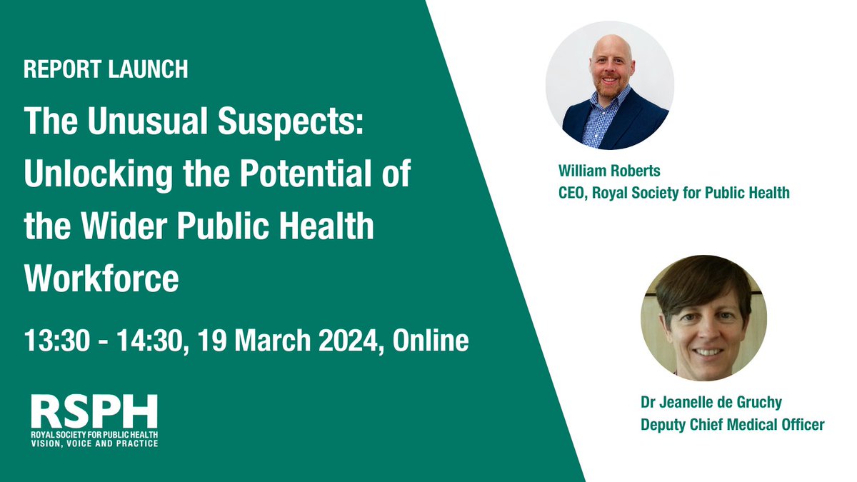 Next month we will be publishing our major new report: 'The Unusual Suspects: Unlocking the Potential of the Wider Public Health Workforce.' 📝 Join us at the report launch on Tuesday 19 March, 1:30-2:30 📅 Book your place 👇 🔗rsph.org.uk/event/the-unus…