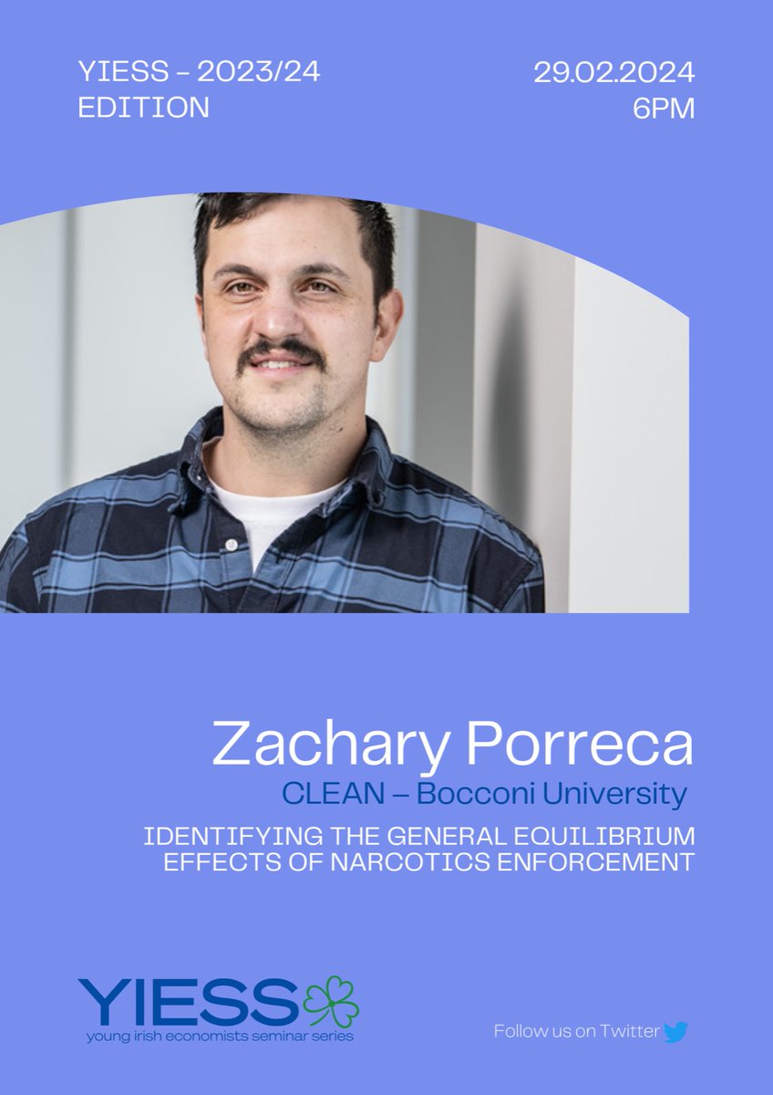 We are very excited to welcome our first international speaker, <a href="/zachporreca/">Zach Porreca</a> (<a href="/unit_crime/">CLEAN Unit on the Economic Analysis of Crime</a>), for the next session! He's presenting "Identifying the General Equilibrium Effects of Narcotics Enforcement".

🗓️ Thu, Feb 29th
📍 <a href="/TRiSSTCD/">Trinity Research in Social Sciences</a> Seminar Room
⏰ 6-7pm

shorturl.at/isDH4