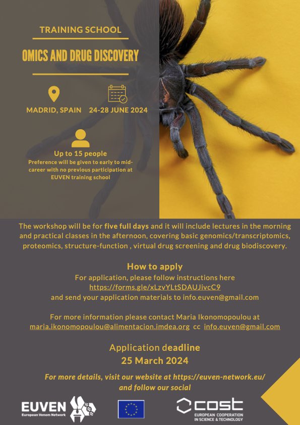Aida Verdes (@aida_verdes) on Twitter photo ‼️ The next <a href="/EUVENAction/">EUVEN COST Action</a> training school on Venom -Omics and Drug Discovery will take place in June at beautiful <a href="/mncn_csic/">Museo Nacional de Ciencias Naturales</a> in Madrid. A week-long course with lectures and practical sessions delivered by experts in the field for FREE‼️💃💃💃
Apply here:
forms.gle/xLzvYLtSDAUJiv… ‼️ The next <a href="/EUVENAction/">EUVEN COST Action</a> training school on Venom -Omics and Drug Discovery will take place in June at beautiful <a href="/mncn_csic/">Museo Nacional de Ciencias Naturales</a> in Madrid. A week-long course with lectures and practical sessions delivered by experts in the field for FREE‼️💃💃💃
Apply here:
forms.gle/xLzvYLtSDAUJiv…