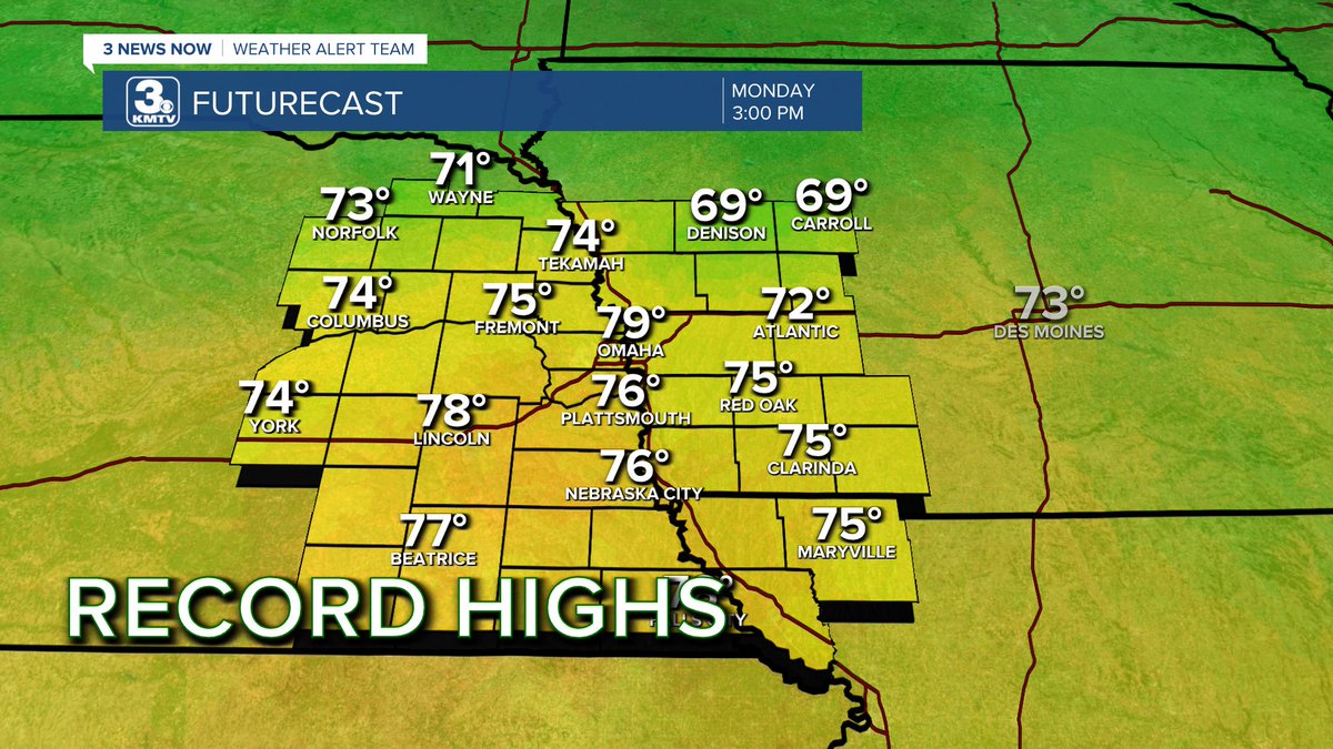 Record and all-time highs for February in Omaha today! 78 is the record, we should reach 79 this afternoon In typical Nebraska fashion, it'll be snowing tomorrow evening 🙃