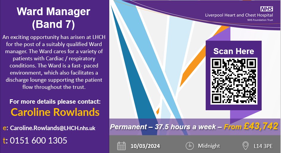 We are looking for a highly motivated and innovative #WardManager to work and lead our team on our 40 bedded #Cardiology / #RespiratoryMedicine ward at the outstanding Liverpool Heart and Chest Hospital. Apply now using the QR code or link below! 😁@LHCHFT tinyurl.com/28wv5uct