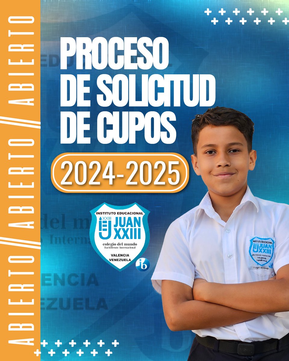 Estimada comunidad

Nos  complace anunciar que a partir del lunes 4 de marzo iniciará el proceso de solicitud de cupos para el período académico 2024-2025.

Conozca los requisitos visitando juanxxiii.e12.ve

#SomosJuanXXIII