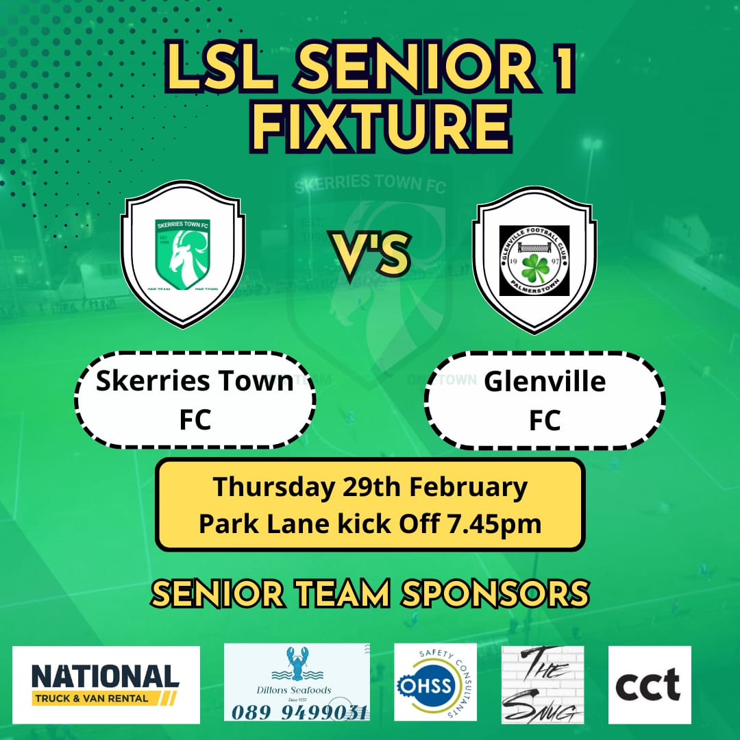 Thursday Night Football, the only thing that can match Friday night football. Note change of day. Skerries Town FC v Glenville Football Club Come on down and support your local Club. See you all on Thursday.