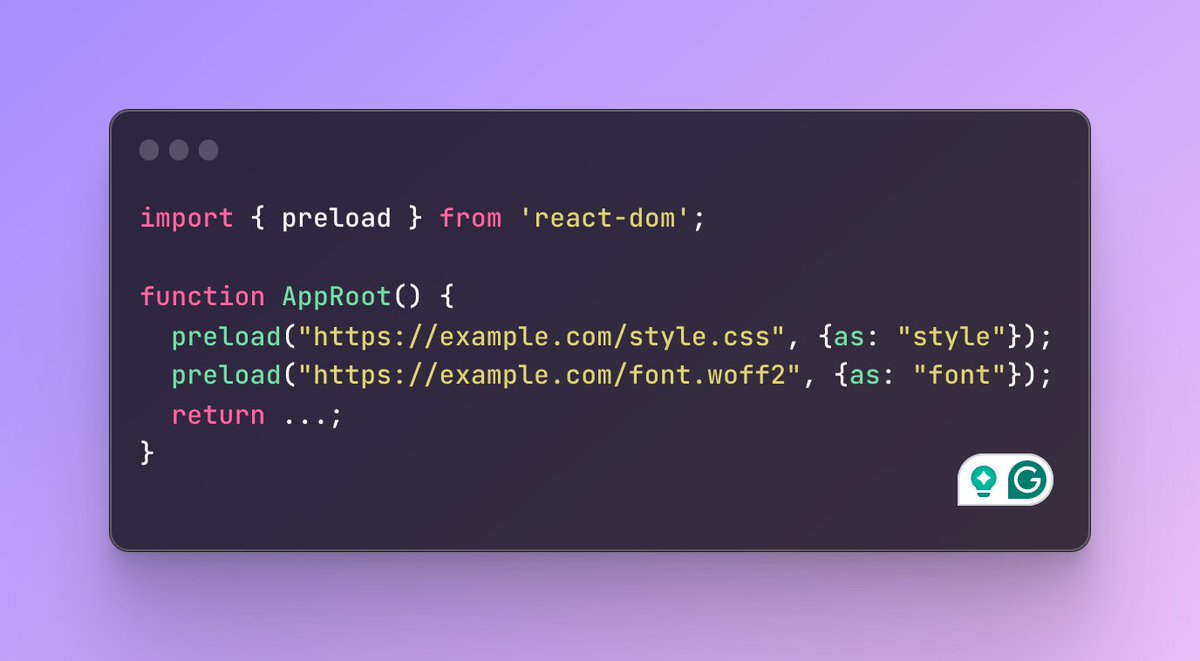 ReactInterview's tweet image. React 19:
preload() function will lets you eagerly fetch a resource such as a stylesheet, font, or external script that you expect to use.