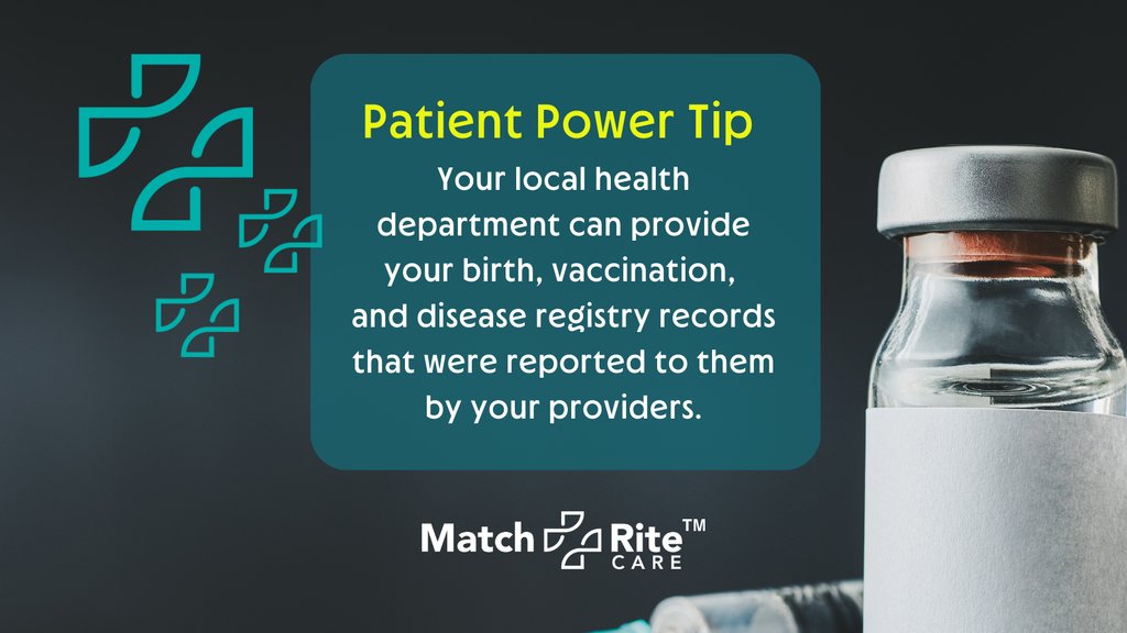 matchrite's tweet image. Patient Power Tip: Your local health department can provide your birth, vaccination, and disease registry records that were reported to them by your providers. For more tips, visit MatchRite Care™: matchritecare.com/patients
#patientdata #patientpower #knowyourportals